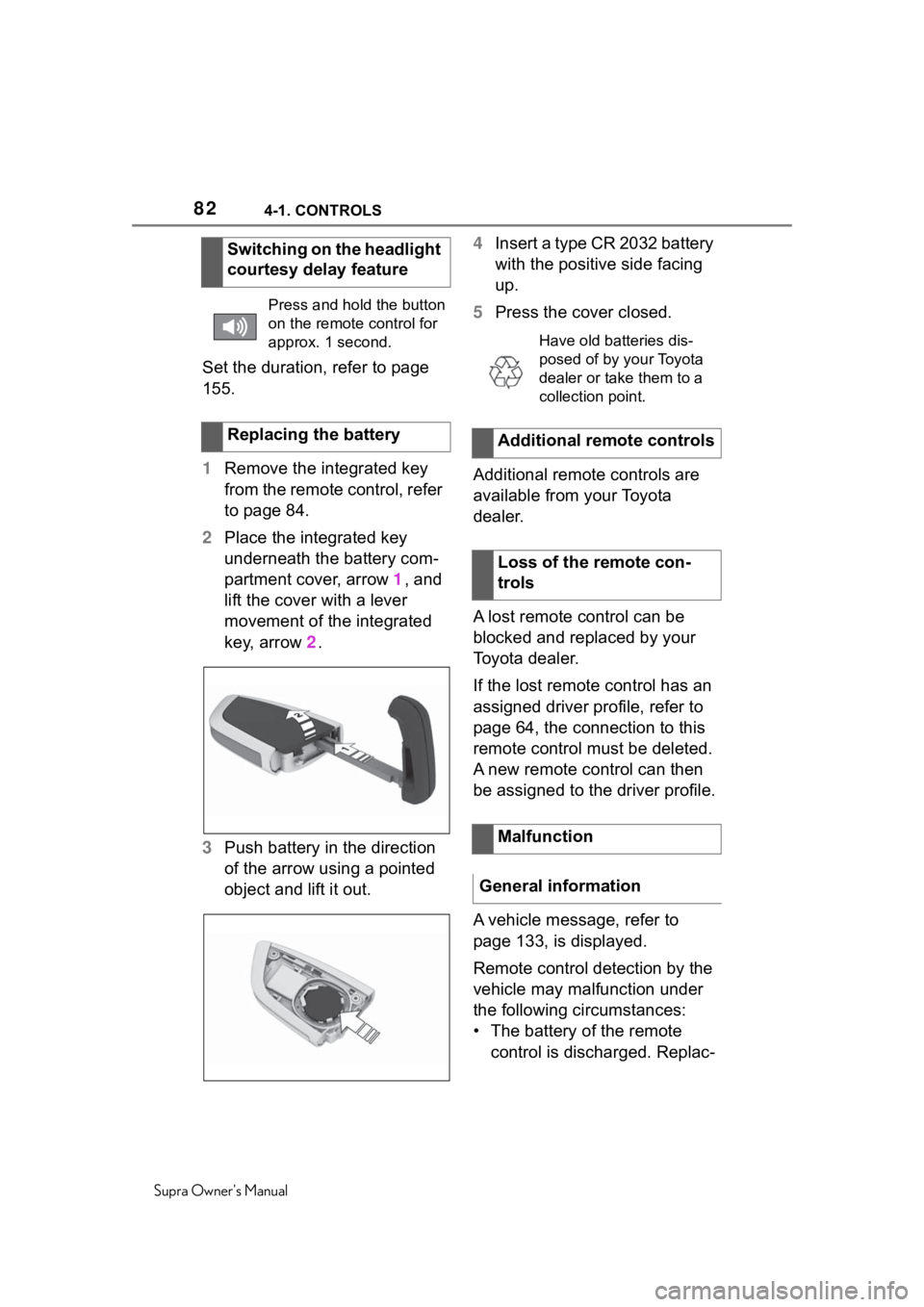 TOYOTA SUPRA 2020   (in English) Manual Online 824-1. CONTROLS
Supra Owners Manual
Set the duration, refer to page 
155.
1Remove the integrated key 
from the remote control, refer 
to page 84.
2 Place the integrated key 
underneath the battery co