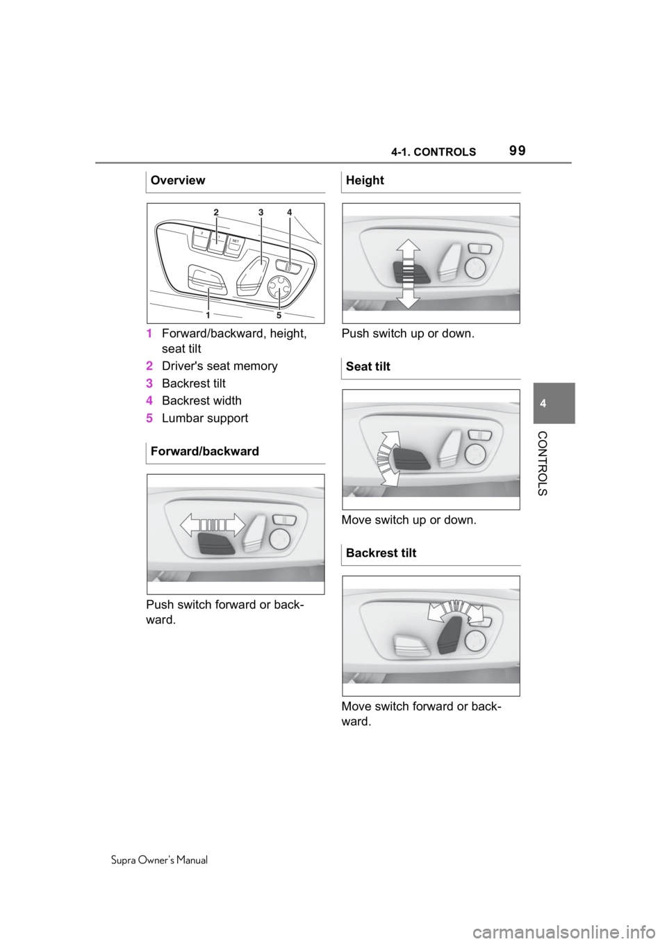 TOYOTA SUPRA 2020 Owners Manual (in English) 994-1. CONTROLS
Supra Owners Manual
4
CONTROLS
1 Forward/backward, height,
seat tilt
2 Driver's seat memory
3 Backrest tilt
4 Backrest width
5 Lumbar support
Push switch forward or back-
ward. P TOYOTA SUPRA 2020 Owners Manual (in English) 994-1. CONTROLS
Supra Owners Manual
4
CONTROLS
1 Forward/backward, height,
seat tilt
2 Driver's seat memory
3 Backrest tilt
4 Backrest width
5 Lumbar support
Push switch forward or back-
ward. P