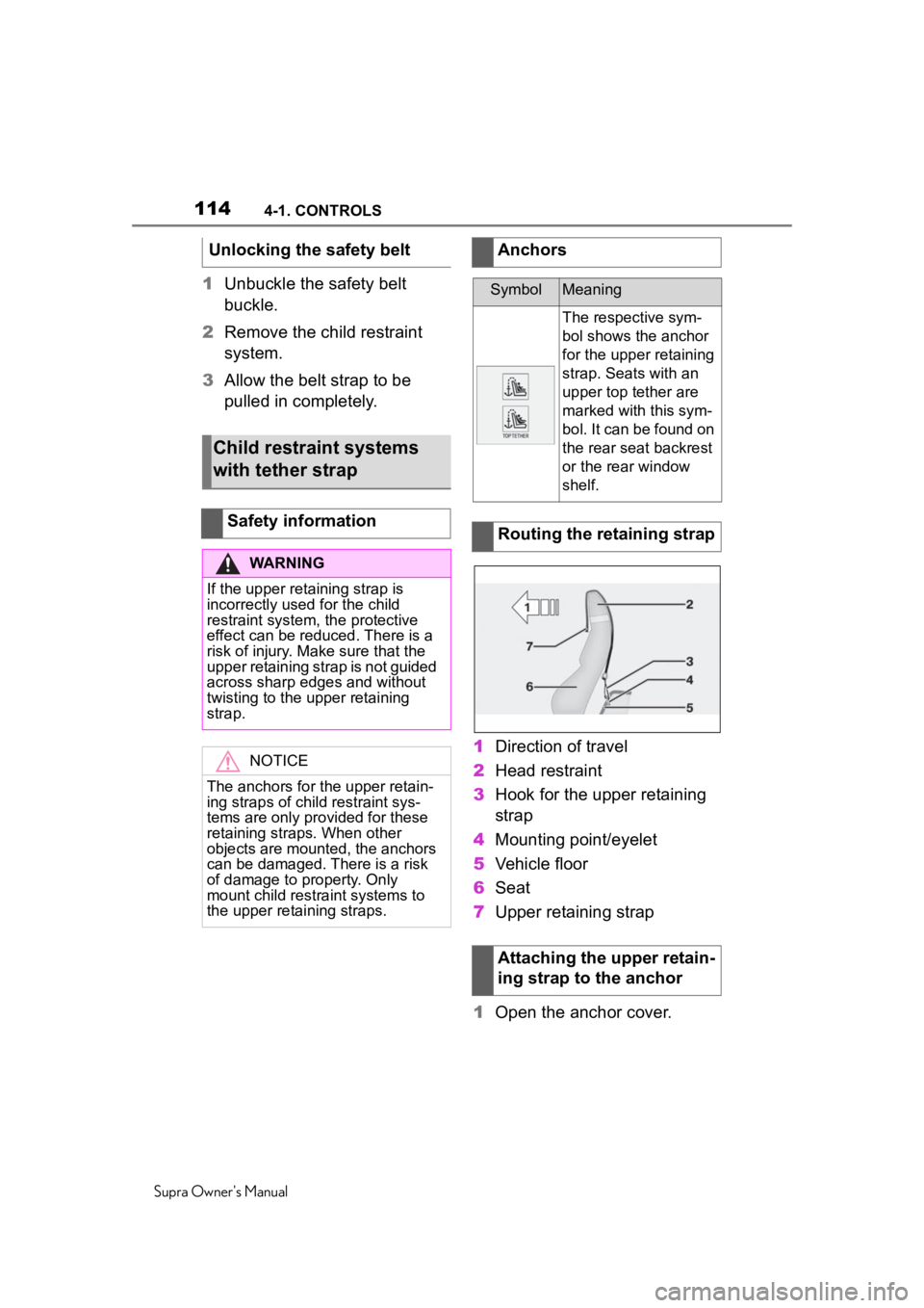 TOYOTA SUPRA 2020 Owners Manual (in English) 1144-1. CONTROLS
Supra Owner's Manual
1Unbuckle the safety belt
buckle.
2 Remove the child restraint
system.
3 Allow the belt strap to be
pulled in completely.
1Direction of travel
2 Head restr TOYOTA SUPRA 2020 Owners Manual (in English) 1144-1. CONTROLS
Supra Owner's Manual
1Unbuckle the safety belt
buckle.
2 Remove the child restraint
system.
3 Allow the belt strap to be
pulled in completely.
1Direction of travel
2 Head restr