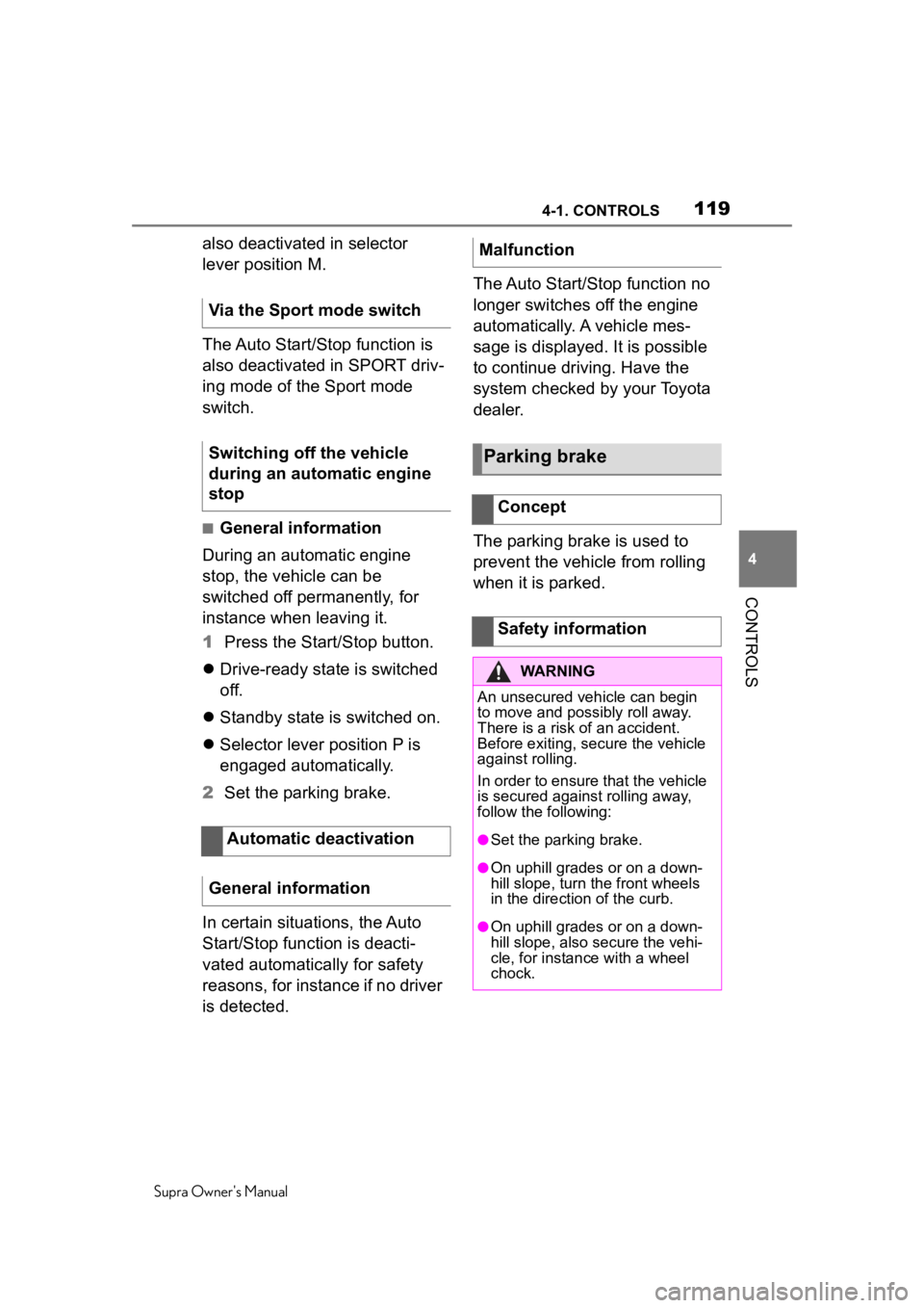 TOYOTA SUPRA 2020 Owners Manual (in English) 1194-1. CONTROLS
Supra Owner's Manual
4
CONTROLS
also deactivated in selector
lever position M.
The Auto Start/Stop function is
also deactivated in SPORT driv-
ing mode of the Sport mode
switch TOYOTA SUPRA 2020 Owners Manual (in English) 1194-1. CONTROLS
Supra Owner's Manual
4
CONTROLS
also deactivated in selector
lever position M.
The Auto Start/Stop function is
also deactivated in SPORT driv-
ing mode of the Sport mode
switch