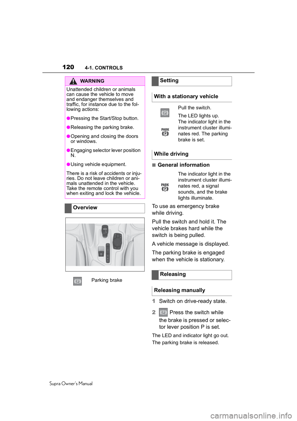 TOYOTA SUPRA 2020 Owners Manual (in English) 1204-1. CONTROLS
Supra Owner's Manual
■General information
To use as emergency brake
while driving.
Pull the switch and hold it. The
vehicle brakes hard while the
switch is being pulled.
A ve TOYOTA SUPRA 2020 Owners Manual (in English) 1204-1. CONTROLS
Supra Owner's Manual
■General information
To use as emergency brake
while driving.
Pull the switch and hold it. The
vehicle brakes hard while the
switch is being pulled.
A ve