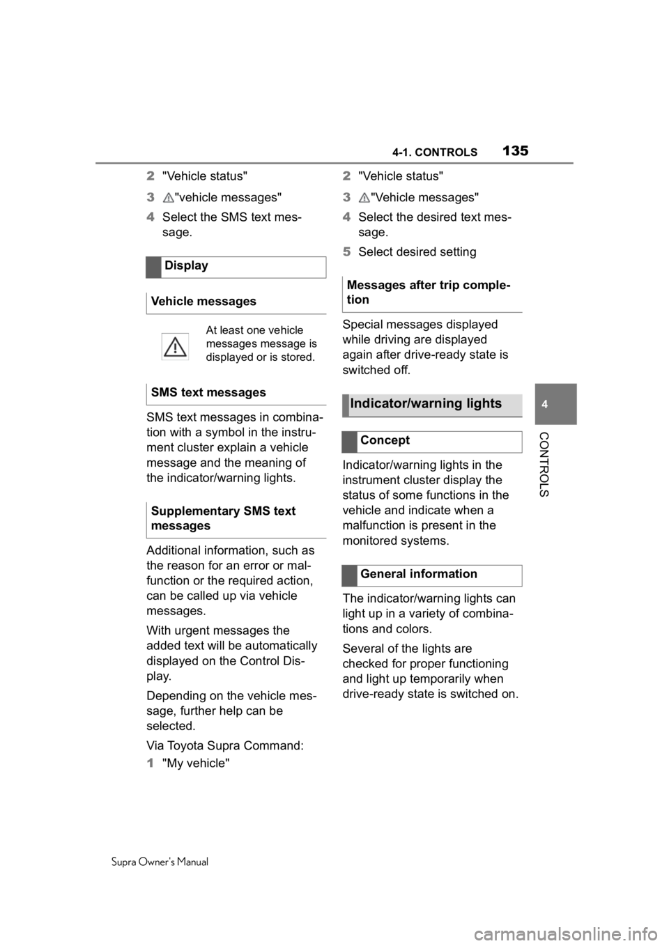 TOYOTA SUPRA 2020 Owners Manual (in English) 1354-1. CONTROLS
Supra Owners Manual
4
CONTROLS
2 "Vehicle status"
3 "vehicle messages"
4 Select the SMS text mes-
sage.
SMS text messages in combina-
tion with a symbol in the instru TOYOTA SUPRA 2020 Owners Manual (in English) 1354-1. CONTROLS
Supra Owners Manual
4
CONTROLS
2 "Vehicle status"
3 "vehicle messages"
4 Select the SMS text mes-
sage.
SMS text messages in combina-
tion with a symbol in the instru