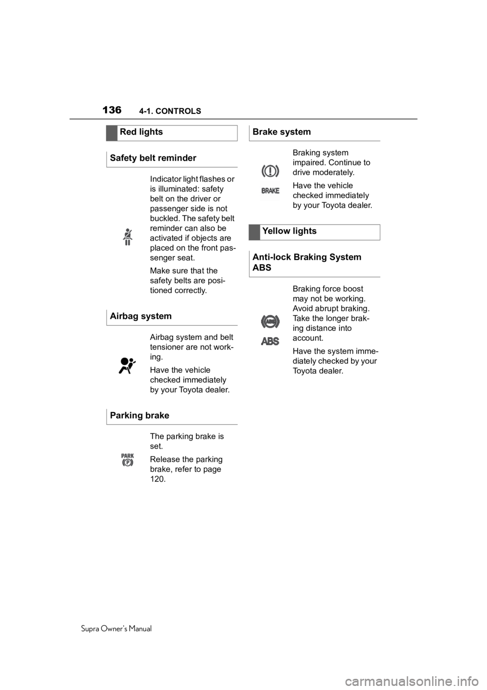 TOYOTA SUPRA 2020 Owners Manual (in English) 1364-1. CONTROLS
Supra Owners Manual
Red lights
Safety belt reminder
Indicator light flashes or
is illuminated: safety
belt on the driver or
passenger side is not
buckled. The safety belt
remind TOYOTA SUPRA 2020 Owners Manual (in English) 1364-1. CONTROLS
Supra Owners Manual
Red lights
Safety belt reminder
Indicator light flashes or
is illuminated: safety
belt on the driver or
passenger side is not
buckled. The safety belt
remind