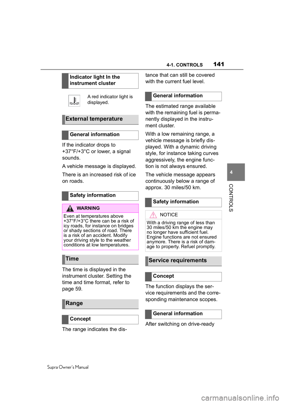 TOYOTA SUPRA 2020 Owners Manual (in English) 1414-1. CONTROLS
Supra Owner's Manual
4
CONTROLS
If the indicator drops to
+37°F/+3°C or lower, a signal
sounds.
A vehicle message is displayed.
There is an increased risk of ice
on roads.
Th TOYOTA SUPRA 2020 Owners Manual (in English) 1414-1. CONTROLS
Supra Owner's Manual
4
CONTROLS
If the indicator drops to
+37°F/+3°C or lower, a signal
sounds.
A vehicle message is displayed.
There is an increased risk of ice
on roads.
Th