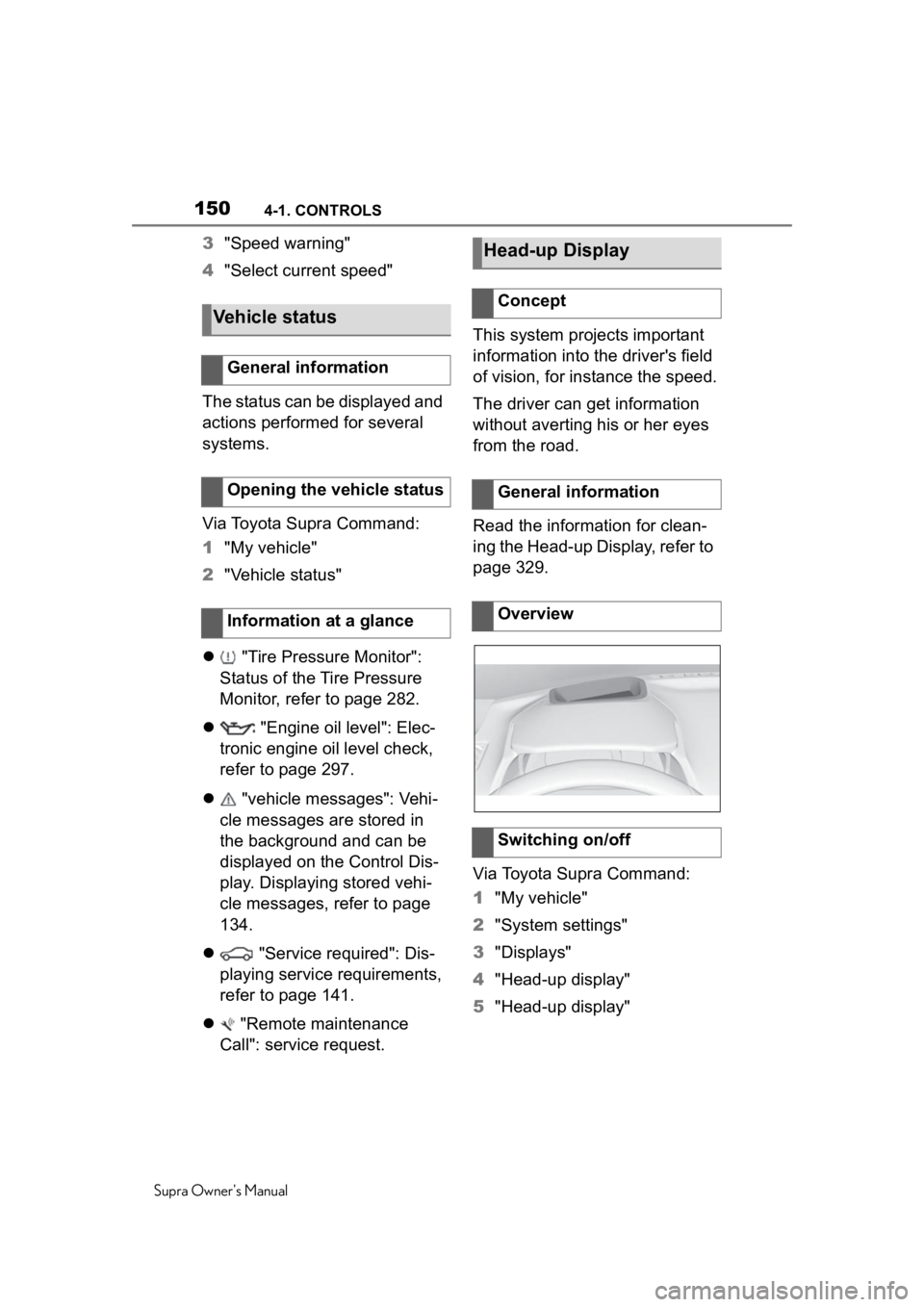 TOYOTA SUPRA 2020 Owners Manual (in English) 1504-1. CONTROLS
Supra Owners Manual
3"Speed warning"
4 "Select current speed"
The status can be displayed and
actions performed for several
systems.
Via Toyota Supra Command:
1 TOYOTA SUPRA 2020 Owners Manual (in English) 1504-1. CONTROLS
Supra Owners Manual
3"Speed warning"
4 "Select current speed"
The status can be displayed and
actions performed for several
systems.
Via Toyota Supra Command:
1