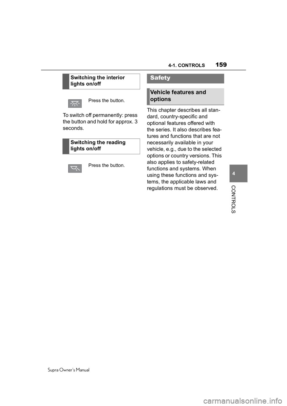 TOYOTA SUPRA 2020  Owners Manual (in English) 1594-1. CONTROLS
Supra Owners Manual
4
CONTROLS
To switch off permanently: press 
the button and hold for approx. 3 
seconds. This chapter describes all stan-
dard, country-specific and 
optional fea