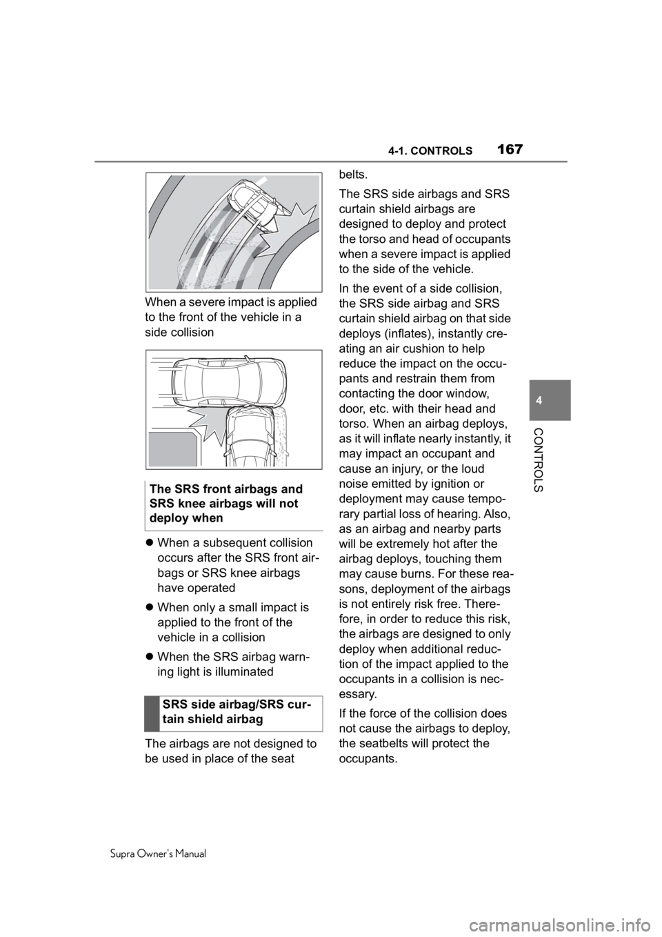 TOYOTA SUPRA 2020  Owners Manual (in English) 1674-1. CONTROLS
Supra Owners Manual
4
CONTROLS
When a severe impact is applied 
to the front of the vehicle in a 
side collision
 When a subsequent collision 
occurs after the SRS front air-
bags