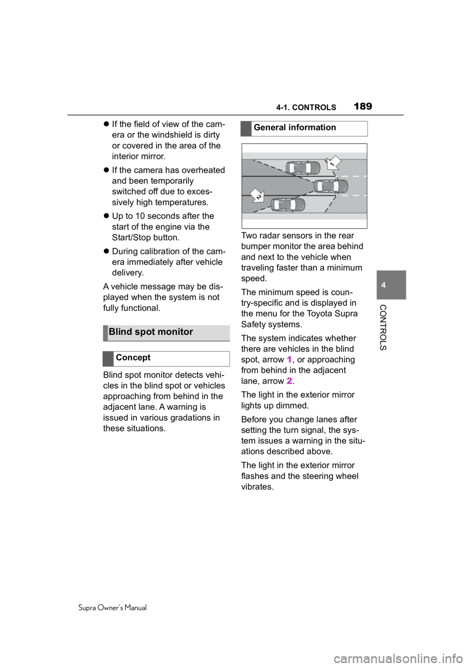 TOYOTA SUPRA 2020  Owners Manual (in English) 1894-1. CONTROLS
Supra Owners Manual
4
CONTROLS
 If the field of view of the cam-
era or the windshield is dirty 
or covered in the area of the 
interior mirror.
 If the camera has overheated 
