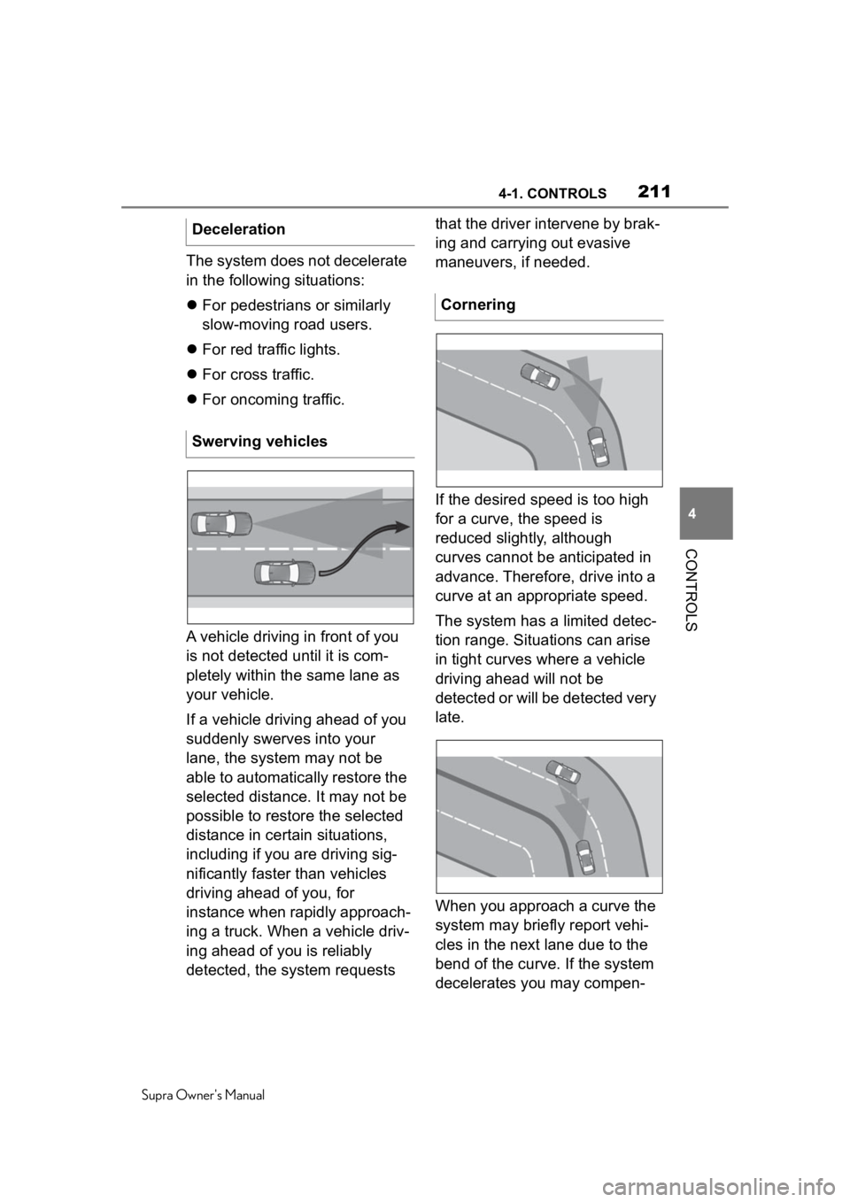 TOYOTA SUPRA 2020 Owners Manual (in English) 2114-1. CONTROLS
Supra Owners Manual
4
CONTROLS
The system does not decelerate
in the following situations:
For pedestrians or similarly
slow-moving road users.
For red traffic lights.
TOYOTA SUPRA 2020 Owners Manual (in English) 2114-1. CONTROLS
Supra Owners Manual
4
CONTROLS
The system does not decelerate
in the following situations:
For pedestrians or similarly
slow-moving road users.
For red traffic lights.
