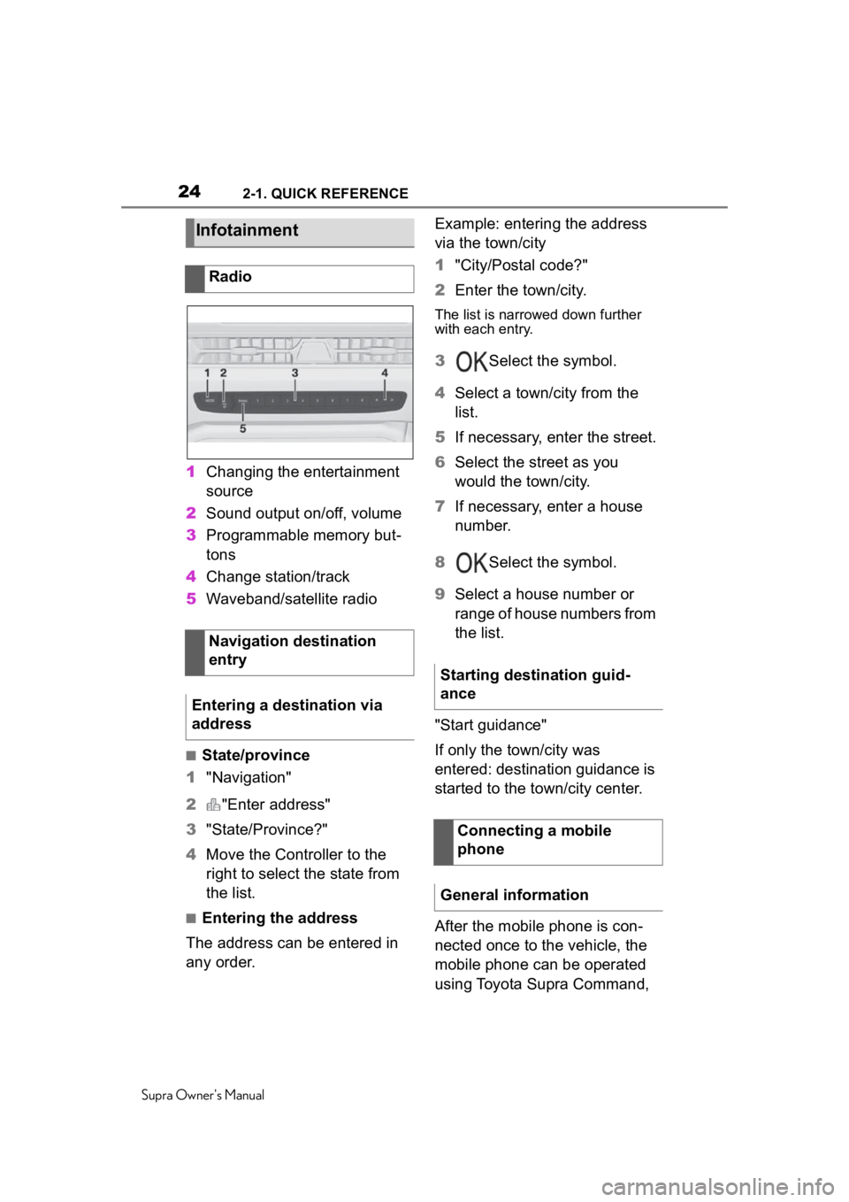 TOYOTA SUPRA 2020   (in English) Owners Manual 242-1. QUICK REFERENCE
Supra Owners Manual
1Changing the entertainment 
source
2 Sound output on/off, volume
3 Programmable memory but-
tons
4 Change station/track
5 Waveband/satellite radio
■State
