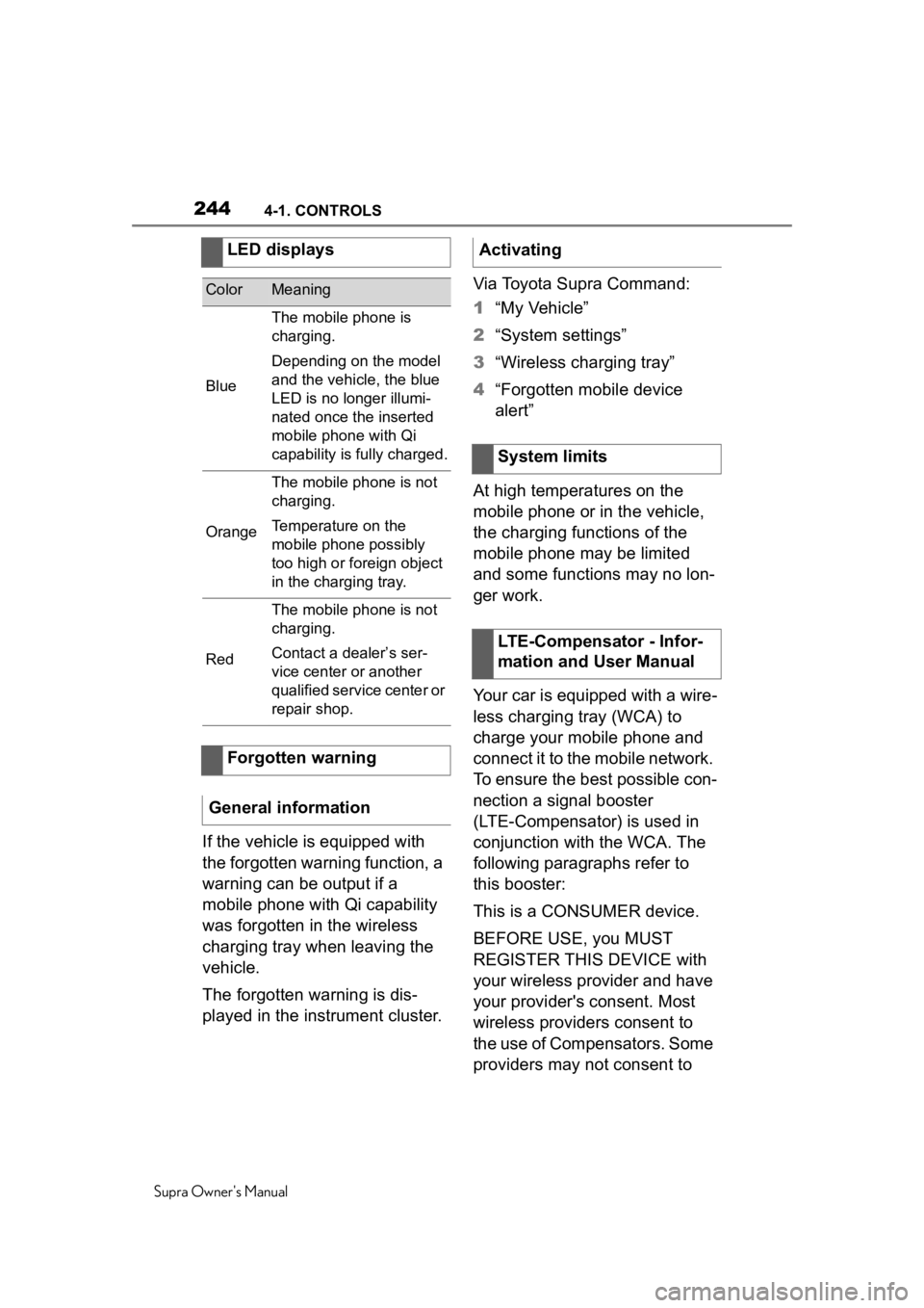 TOYOTA SUPRA 2020  Owners Manual (in English) 2444-1. CONTROLS
Supra Owners Manual
If the vehicle is equipped with 
the forgotten warning function, a 
warning can be output if a 
mobile phone with Qi capability 
was forgotten in the wireless 
ch