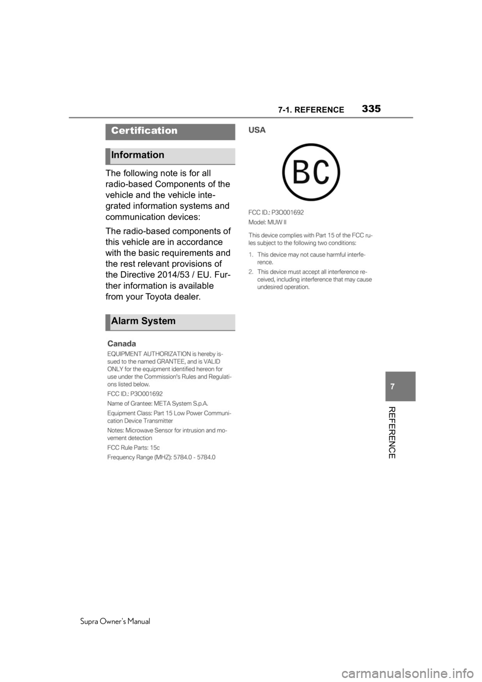 TOYOTA SUPRA 2020  Owners Manual (in English) 3357-1. REFERENCE
Supra Owners Manual
7
REFERENCE
The following note is for all 
radio-based Components of the 
vehicle and the vehicle inte-
grated information systems and 
communication devices:
Th