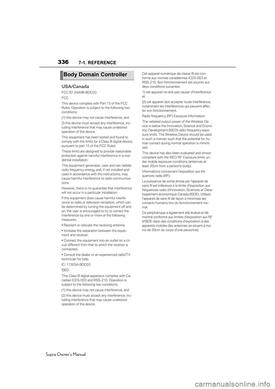 TOYOTA SUPRA 2020  Owners Manual (in English) 3367-1. REFERENCE
Supra Owners Manual
Body Domain Controller 
