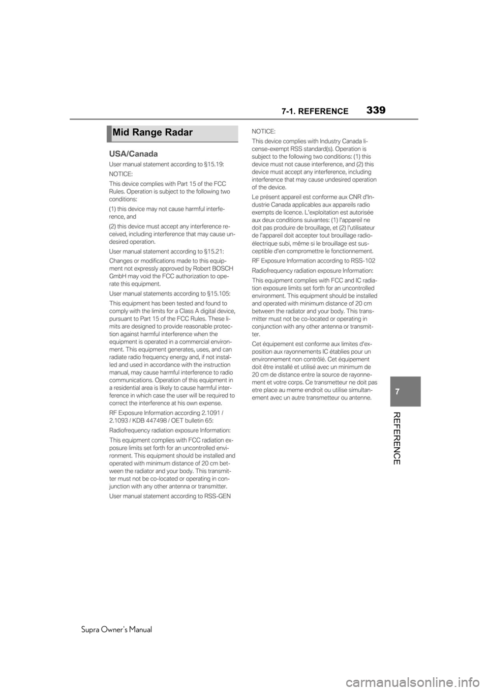 TOYOTA SUPRA 2020  Owners Manual (in English) 3397-1. REFERENCE
Supra Owners Manual
7
REFERENCE
Mid Range Radar 
