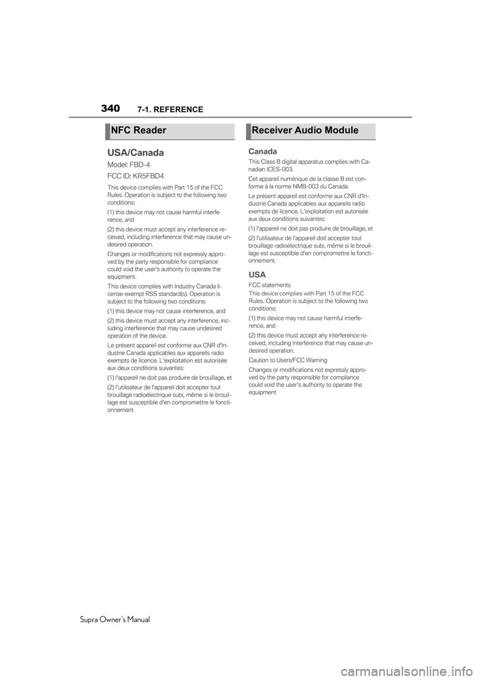 TOYOTA SUPRA 2020  Owners Manual (in English) 3407-1. REFERENCE
Supra Owners Manual
NFC ReaderReceiver Audio Module 