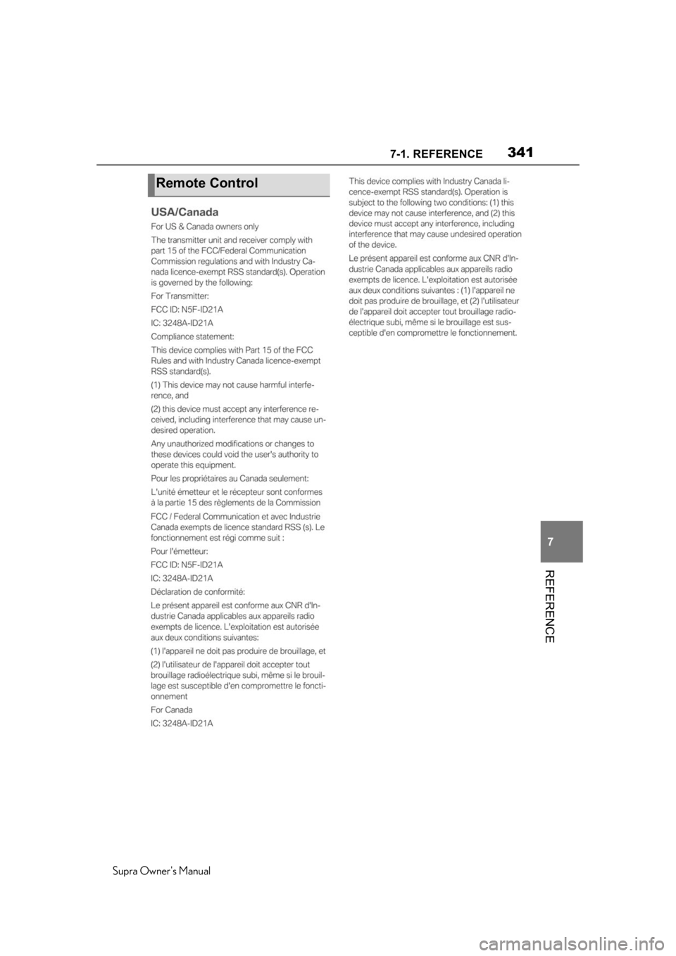 TOYOTA SUPRA 2020  Owners Manual (in English) 3417-1. REFERENCE
Supra Owners Manual
7
REFERENCE
Remote Control 