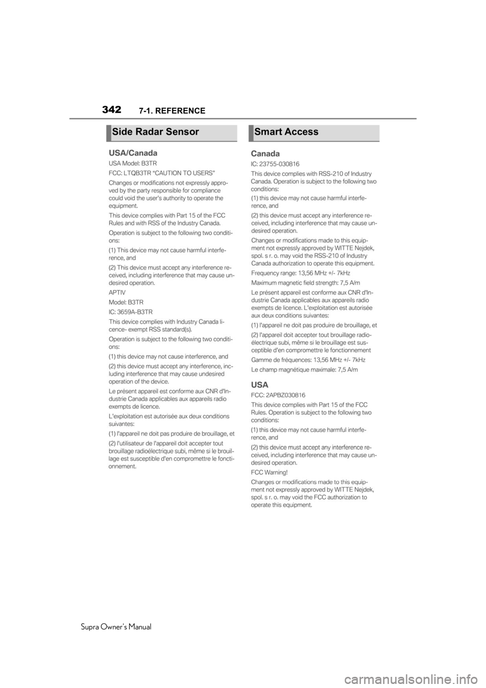 TOYOTA SUPRA 2020  Owners Manual (in English) 3427-1. REFERENCE
Supra Owners Manual
Side Radar SensorSmart Access 