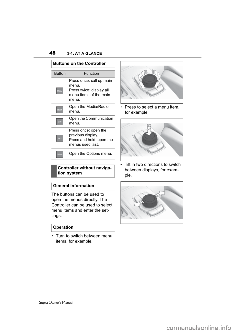 TOYOTA SUPRA 2020 (in English) Service Manual 483-1. AT A GLANCE
Supra Owners Manual
The buttons can be used to
open the menus directly. The
Controller can be used to select
menu items and enter the set-
tings.
• Turn to switch between menu TOYOTA SUPRA 2020 (in English) Service Manual 483-1. AT A GLANCE
Supra Owners Manual
The buttons can be used to
open the menus directly. The
Controller can be used to select
menu items and enter the set-
tings.
• Turn to switch between menu