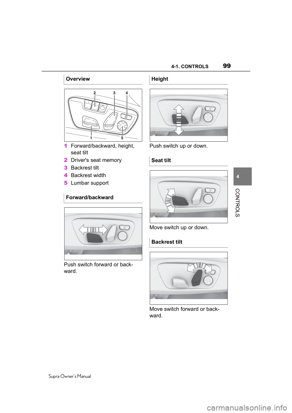 TOYOTA SUPRA 2020 Owners Manual (in English) 994-1. CONTROLS
Supra Owners Manual
4
CONTROLS
1 Forward/backward, height,
seat tilt
2 Driver's seat memory
3 Backrest tilt
4 Backrest width
5 Lumbar support
Push switch forward or back-
ward. P TOYOTA SUPRA 2020 Owners Manual (in English) 994-1. CONTROLS
Supra Owners Manual
4
CONTROLS
1 Forward/backward, height,
seat tilt
2 Driver's seat memory
3 Backrest tilt
4 Backrest width
5 Lumbar support
Push switch forward or back-
ward. P