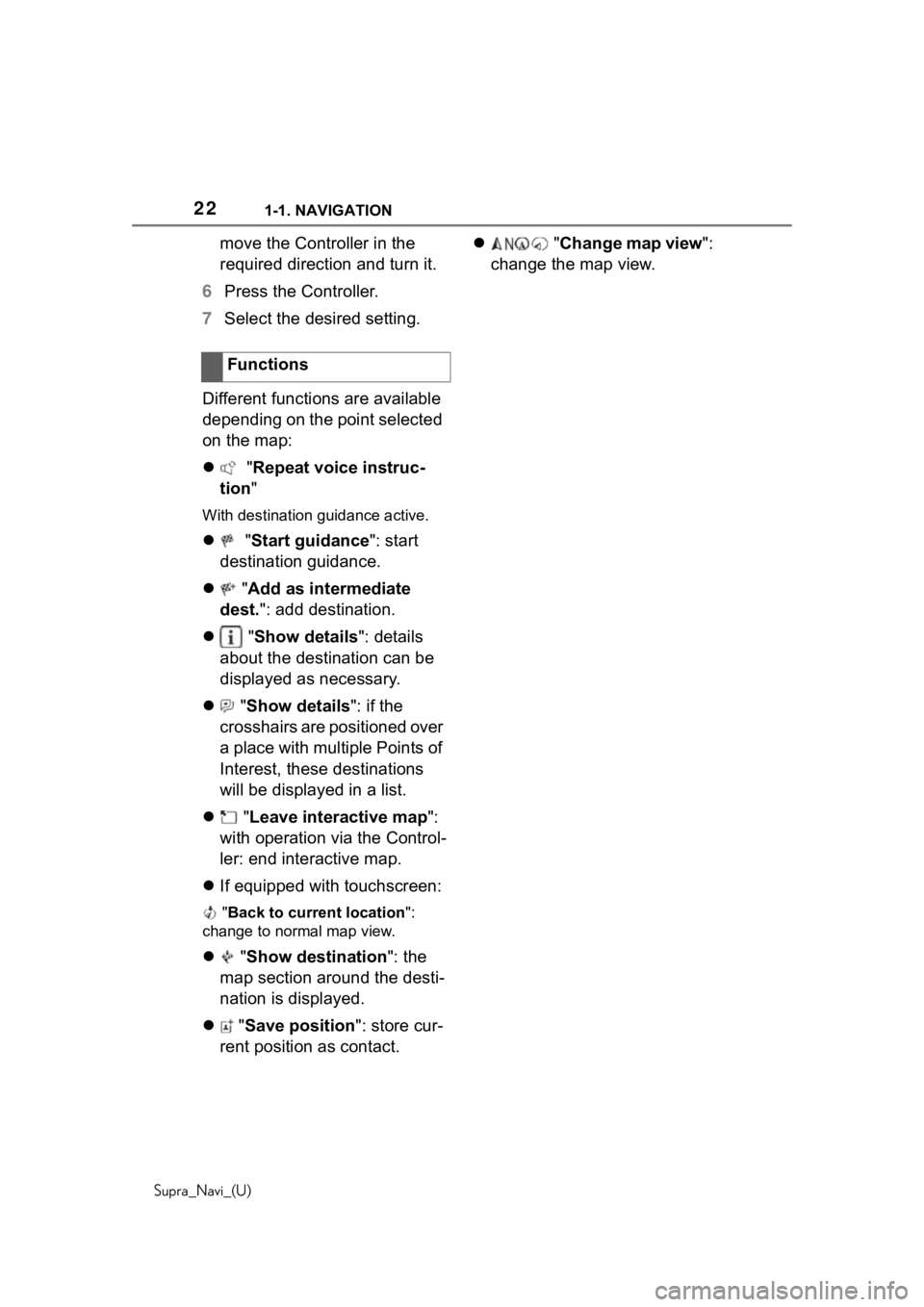TOYOTA SUPRA 2020  Accessories, Audio & Navigation (in English) 221-1. NAVIGATION
Supra_Navi_(U)
move the Controller in the 
required direction and turn it.
6 Press the Controller.
7 Select the desired setting.
Different functions are available 
depending on the p