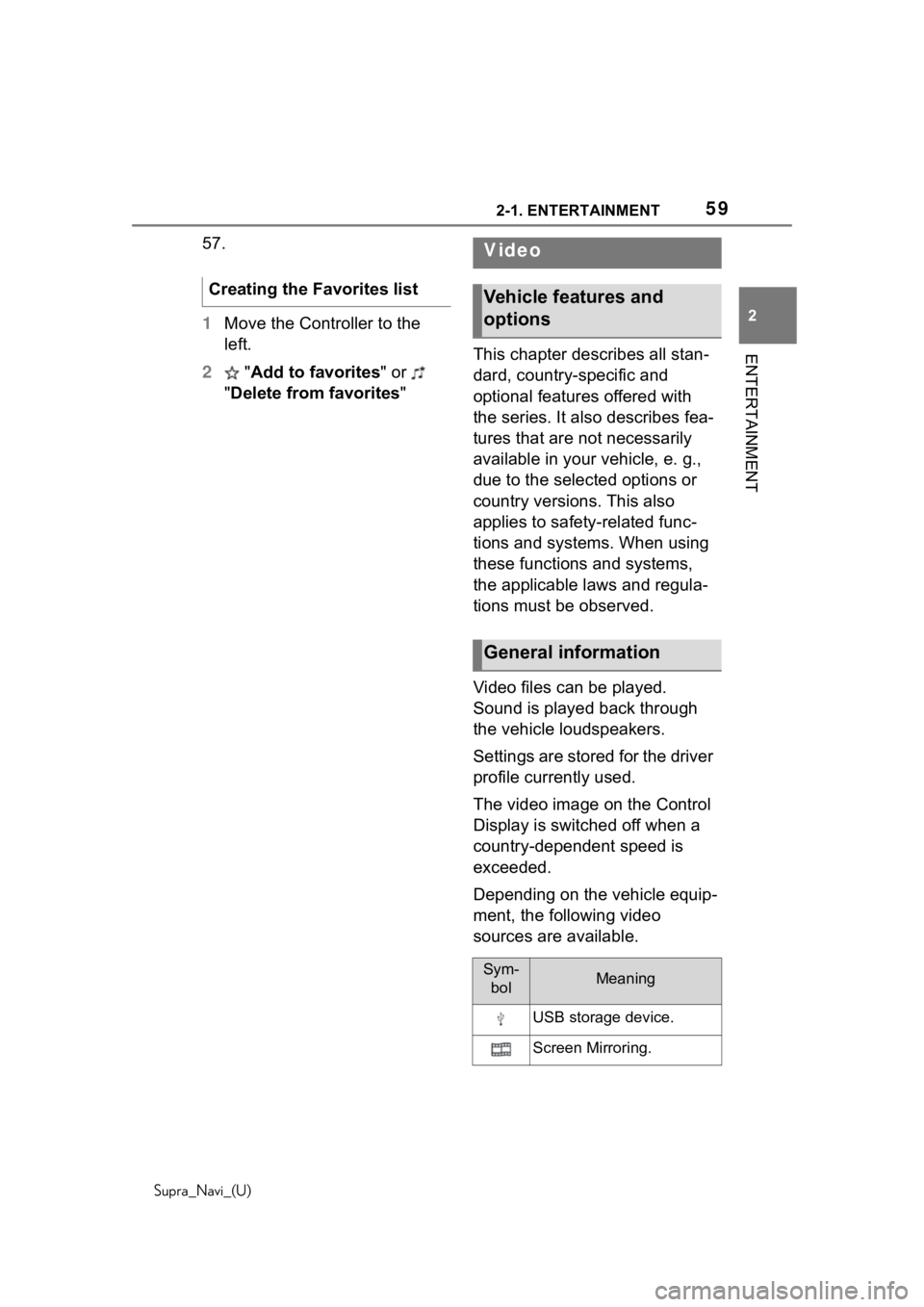 TOYOTA SUPRA 2020  Accessories, Audio & Navigation (in English) 592-1. ENTERTAINMENT
Supra_Navi_(U)
2
ENTERTAINMENT
57.
1 Move the Controller to the 
left.
2  "Add to favorites" or   
"Delete from favorites" This chapter describes all stan-
dard, c