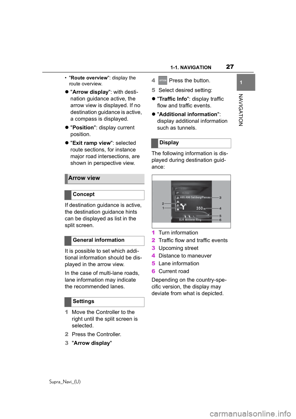 TOYOTA SUPRA 2020 Accessories, Audio & Navigation (in English) 271-1. NAVIGATION
Supra_Navi_(U)
1
NAVIGATION
•" Route overview ": display the
route overview.
"Arrow display ": with desti-
nation guidance active, the
arrow view is displayed TOYOTA SUPRA 2020 Accessories, Audio & Navigation (in English) 271-1. NAVIGATION
Supra_Navi_(U)
1
NAVIGATION
•" Route overview ": display the
route overview.
"Arrow display ": with desti-
nation guidance active, the
arrow view is displayed