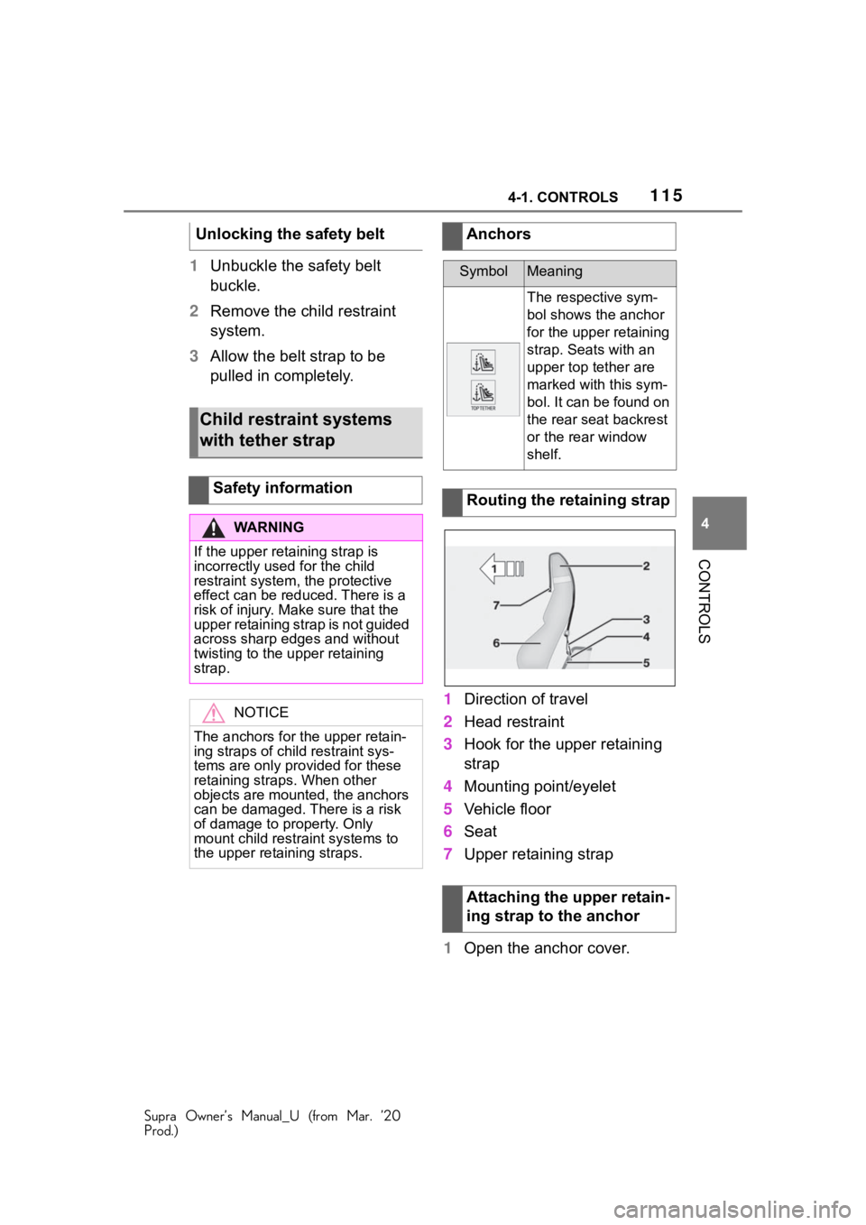 TOYOTA SUPRA 2021 Owners Manual (in English) 1154-1. CONTROLS
Supra Owner’s Manual_U (from Mar. ’20
Prod.)
4
CONTROLS
1 Unbuckle the safety belt
buckle.
2 Remove the child restraint
system.
3 Allow the belt strap to be
pulled in completel TOYOTA SUPRA 2021 Owners Manual (in English) 1154-1. CONTROLS
Supra Owner’s Manual_U (from Mar. ’20
Prod.)
4
CONTROLS
1 Unbuckle the safety belt
buckle.
2 Remove the child restraint
system.
3 Allow the belt strap to be
pulled in completel