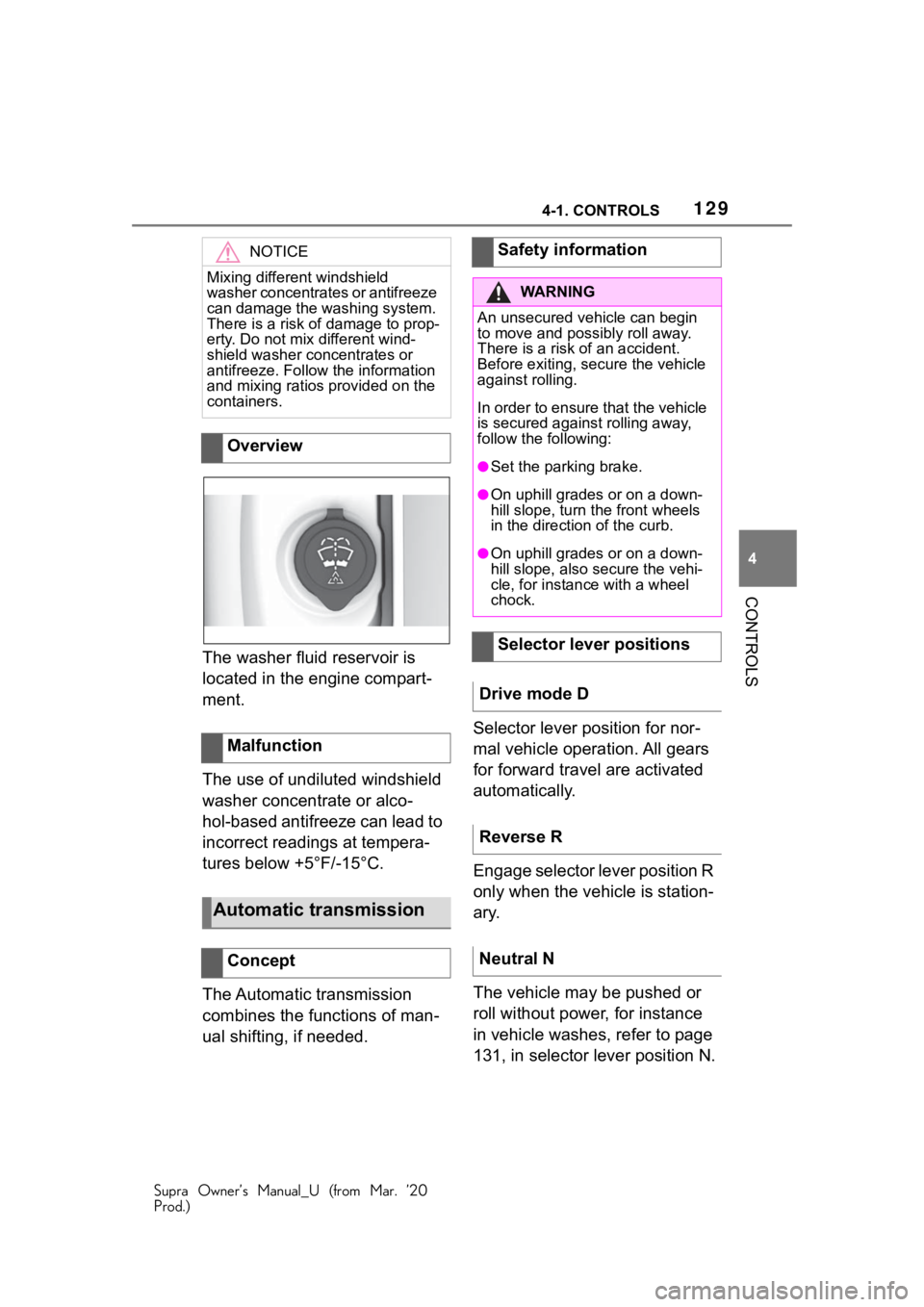 TOYOTA SUPRA 2021  Owners Manual (in English) 1294-1. CONTROLS
Supra Owner’s Manual_U (from Mar. ’20
Prod.)
4
CONTROLS
The washer fluid reservoir is 
located in the engine compart-
ment.
The use of undiluted windshield 
washer concentrate or 