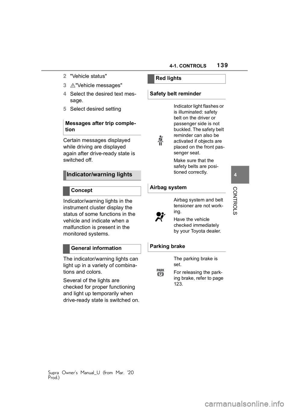 TOYOTA SUPRA 2021 Owners Manual (in English) 1394-1. CONTROLS
Supra Owner’s Manual_U (from Mar. ’20
Prod.)
4
CONTROLS
2 "Vehicle status"
3 "Vehicle messages"
4 Select the desired text mes-
sage.
5 Select desired setting
Certa TOYOTA SUPRA 2021 Owners Manual (in English) 1394-1. CONTROLS
Supra Owner’s Manual_U (from Mar. ’20
Prod.)
4
CONTROLS
2 "Vehicle status"
3 "Vehicle messages"
4 Select the desired text mes-
sage.
5 Select desired setting
Certa