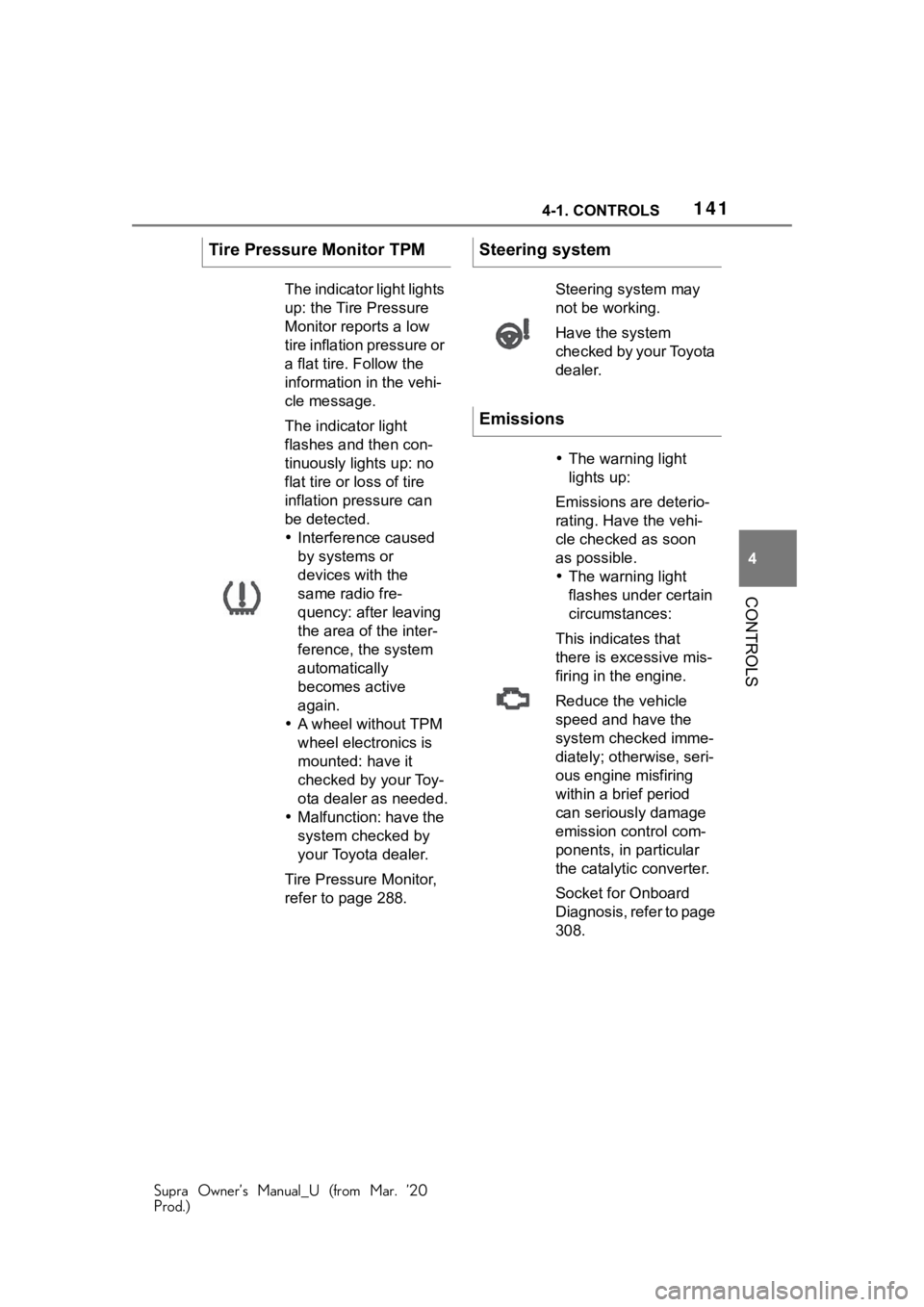 TOYOTA SUPRA 2021 Owners Manual (in English) 1414-1. CONTROLS
Supra Owner’s Manual_U (from Mar. ’20
Prod.)
4
CONTROLS
Tire Pressure Monitor TPM
The indicator light lights
up: the Tire Pressure
Monitor reports a low
tire inflation pressure TOYOTA SUPRA 2021 Owners Manual (in English) 1414-1. CONTROLS
Supra Owner’s Manual_U (from Mar. ’20
Prod.)
4
CONTROLS
Tire Pressure Monitor TPM
The indicator light lights
up: the Tire Pressure
Monitor reports a low
tire inflation pressure