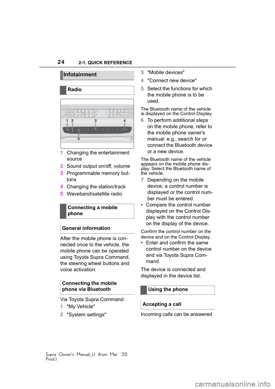 TOYOTA SUPRA 2021   (in English) Owners Manual 242-1. QUICK REFERENCE
Supra Owner’s Manual_U (from Mar. ’20
Prod.)
1Changing the entertainment 
source
2 Sound output on/off, volume
3 Programmable memory but-
tons
4 Changing the station/track
5