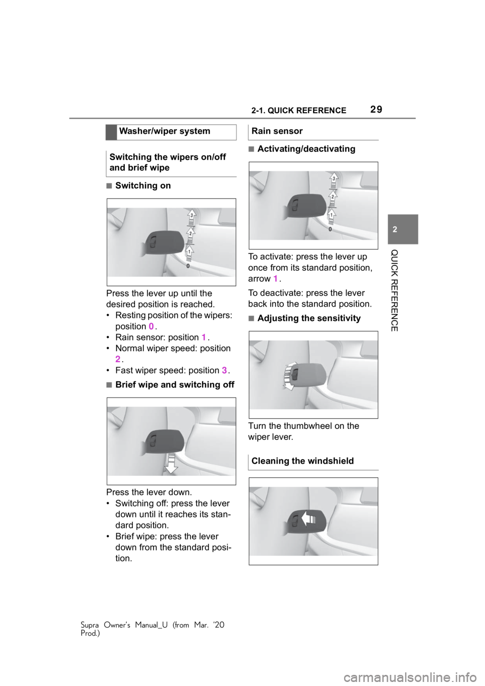 TOYOTA SUPRA 2021   (in English) Owners Manual 292-1. QUICK REFERENCE
Supra Owner’s Manual_U (from Mar. ’20
Prod.)
2
QUICK REFERENCE
■Switching on
Press the lever up until the 
desired position is reached.
• Resting position of the wipers: