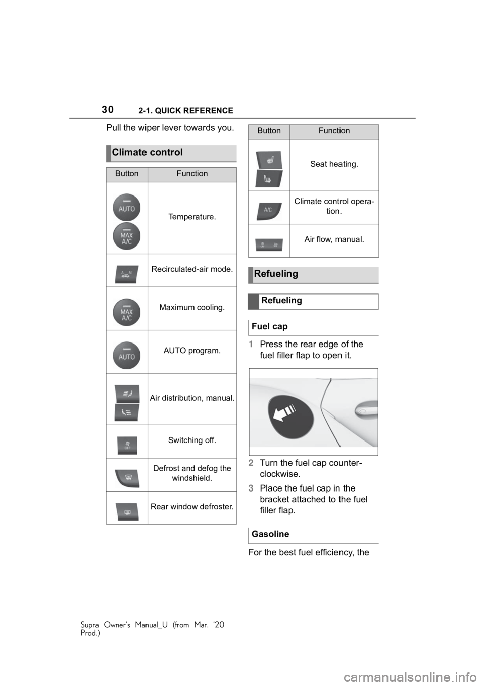 TOYOTA SUPRA 2021   (in English) Owners Manual 302-1. QUICK REFERENCE
Supra Owner’s Manual_U (from Mar. ’20
Prod.)
Pull the wiper lever towards you.1Press the rear edge of the 
fuel filler flap to open it.
2 Turn the fuel cap counter-
clockwis