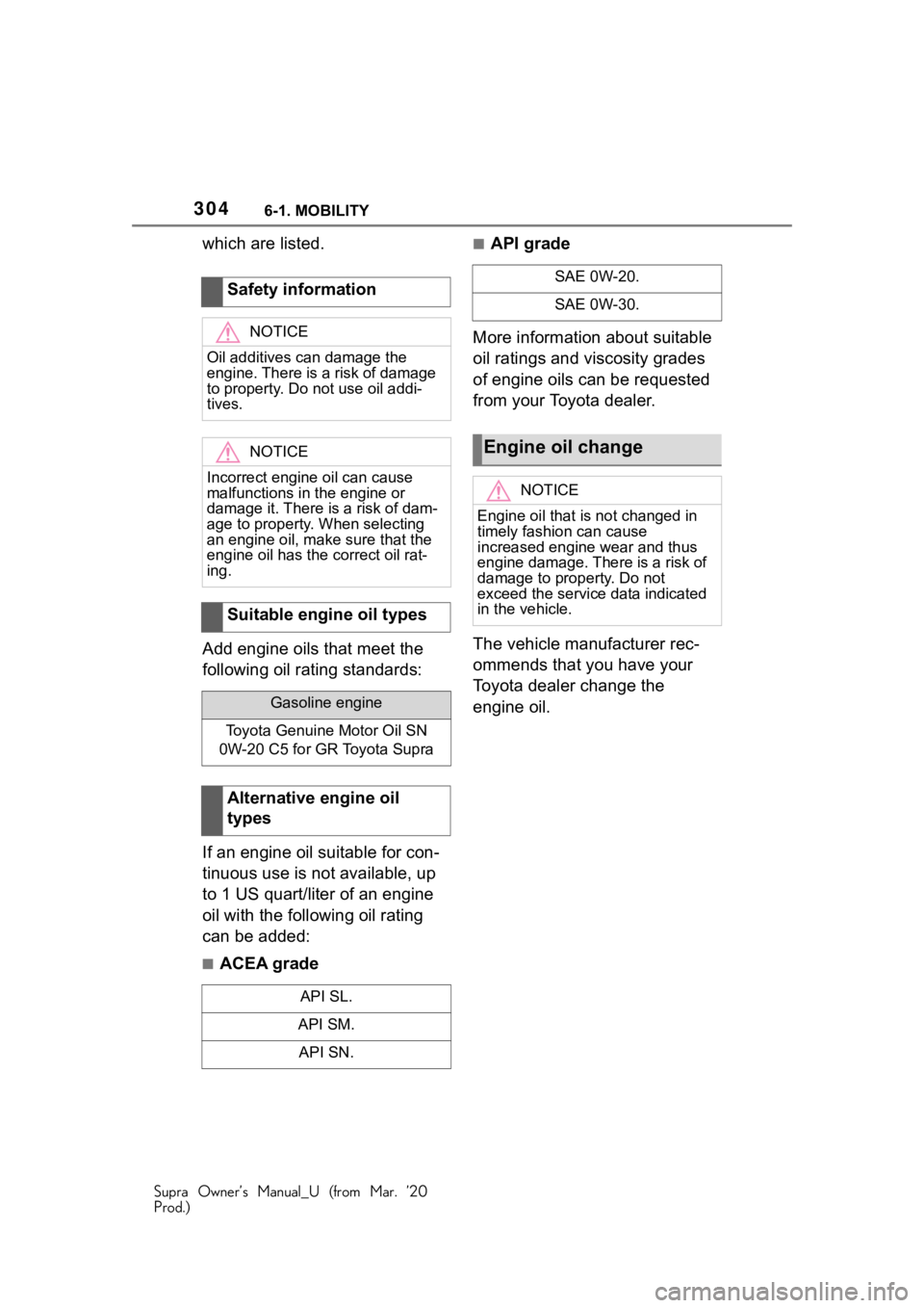 TOYOTA SUPRA 2021  Owners Manual (in English) 3046-1. MOBILITY
Supra Owner’s Manual_U (from Mar. ’20
Prod.)
which are listed.
Add engine oils that meet the 
following oil rating standards:
If an engine oil suitable for con-
tinuous use is not