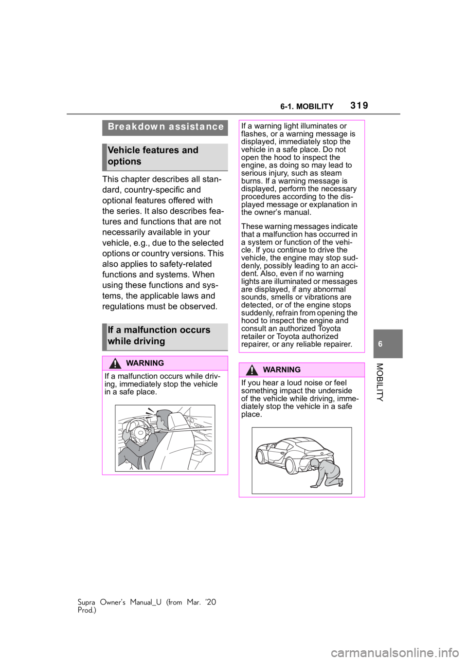 TOYOTA SUPRA 2021 Owners Manual (in English) 3196-1. MOBILITY
Supra Owner’s Manual_U (from Mar. ’20
Prod.)
6
MOBILITY
This chapter describes all stan-
dard, country-specific and
optional features offered with
the series. It also describes TOYOTA SUPRA 2021 Owners Manual (in English) 3196-1. MOBILITY
Supra Owner’s Manual_U (from Mar. ’20
Prod.)
6
MOBILITY
This chapter describes all stan-
dard, country-specific and
optional features offered with
the series. It also describes