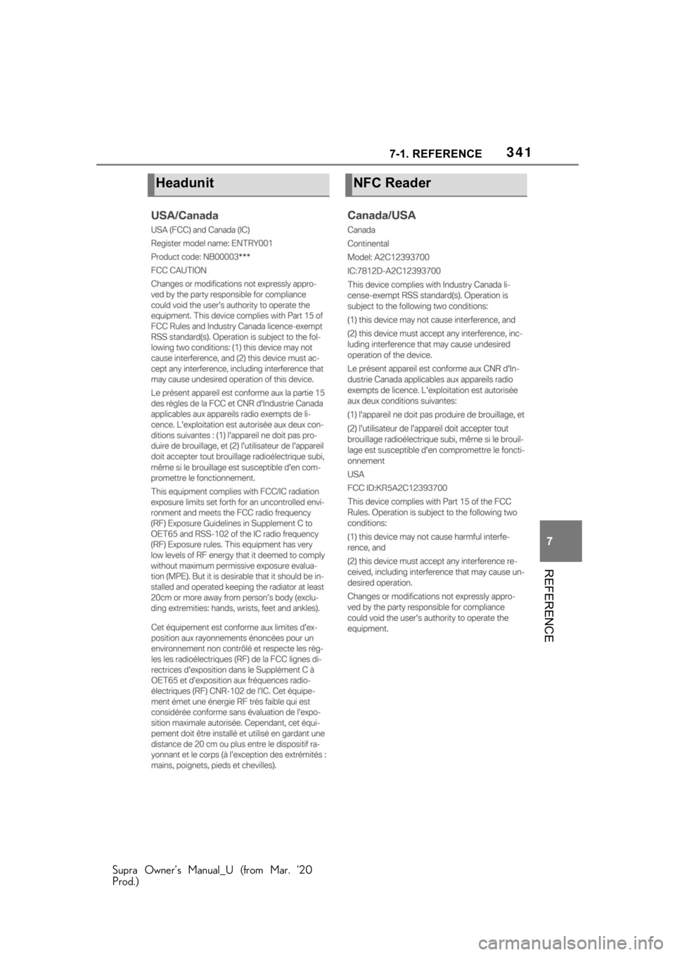 TOYOTA SUPRA 2021  Owners Manual (in English) 3417-1. REFERENCE
Supra Owner’s Manual_U (from Mar. ’20
Prod.)
7
REFERENCE
HeadunitNFC Reader 