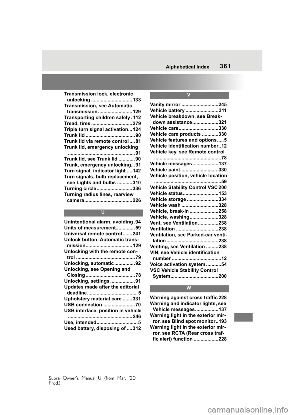 TOYOTA SUPRA 2021  Owners Manual (in English) 361Alphabetical Index
Supra Owner’s Manual_U (from Mar. ’20
Prod.)
Transmission loc k, electronic 
unlocking .............................. 133
Transmission, see Automatic  transmission ..........