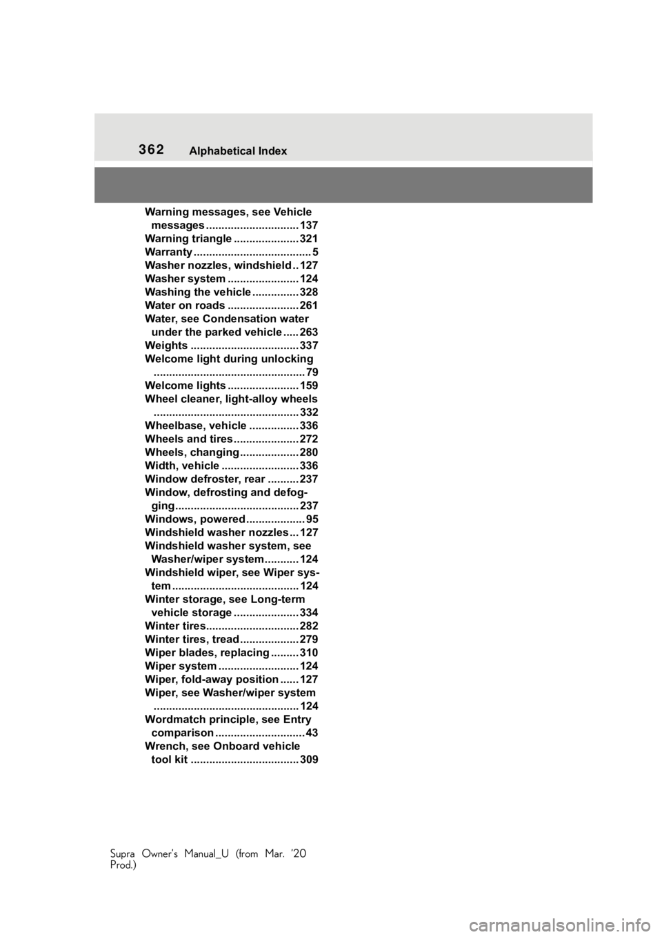 TOYOTA SUPRA 2021  Owners Manual (in English) 362Alphabetical Index
Supra Owner’s Manual_U (from Mar. ’20
Prod.)
Warning messages, see Vehicle  messages .............................. 137
Warning triangle ..................... 321
Warranty ..