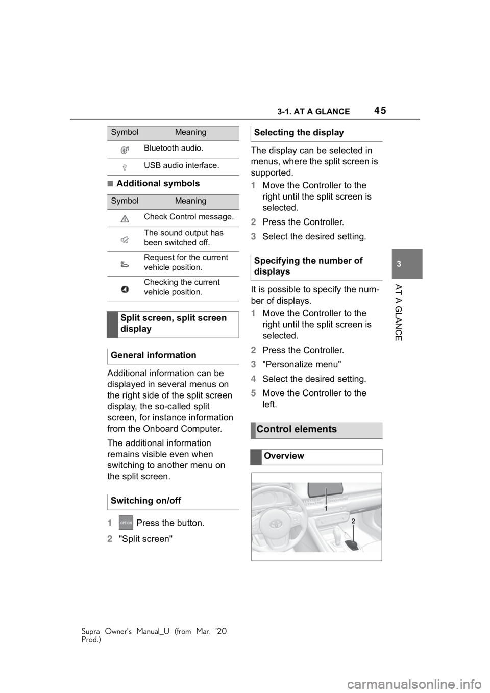 TOYOTA SUPRA 2021 (in English) Service Manual 453-1. AT A GLANCE
Supra Owner’s Manual_U (from Mar. ’20
Prod.)
3
AT A GLANCE
■Additional symbols
Additional information can be
displayed in several menus on
the right side of the split screen TOYOTA SUPRA 2021 (in English) Service Manual 453-1. AT A GLANCE
Supra Owner’s Manual_U (from Mar. ’20
Prod.)
3
AT A GLANCE
■Additional symbols
Additional information can be
displayed in several menus on
the right side of the split screen