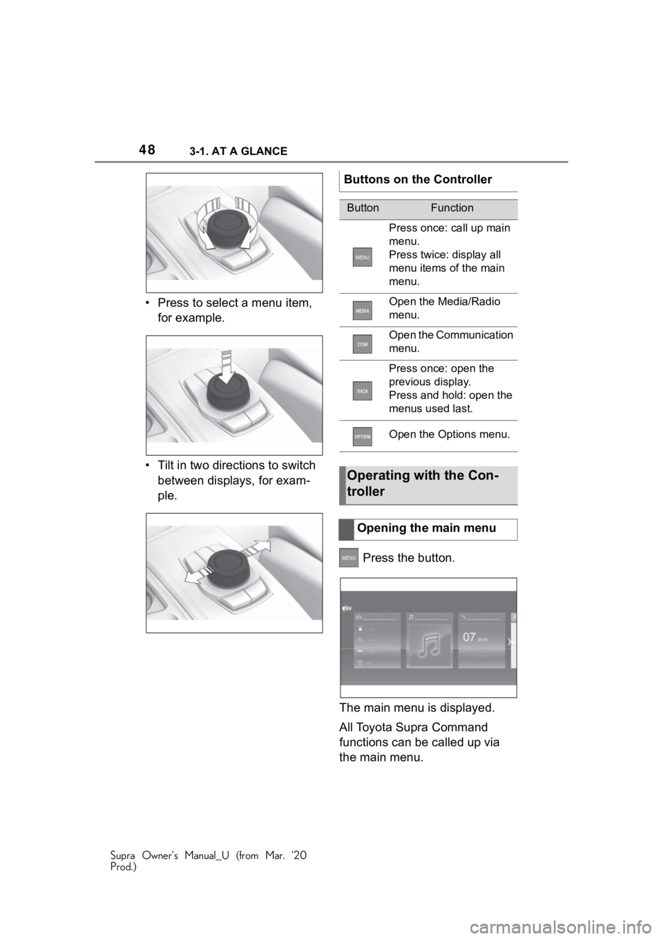 TOYOTA SUPRA 2021 (in English) Service Manual 483-1. AT A GLANCE
Supra Owner’s Manual_U (from Mar. ’20
Prod.)
• Press to select a menu item, for example.
• Tilt in two dire ctions to switch
between displays, for exam-
ple.
Press the but TOYOTA SUPRA 2021 (in English) Service Manual 483-1. AT A GLANCE
Supra Owner’s Manual_U (from Mar. ’20
Prod.)
• Press to select a menu item, for example.
• Tilt in two dire ctions to switch
between displays, for exam-
ple.
Press the but