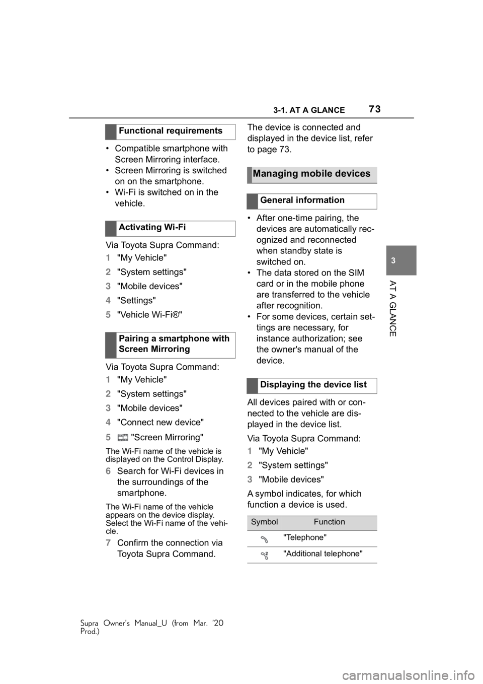 TOYOTA SUPRA 2021 (in English) Manual PDF 733-1. AT A GLANCE
Supra Owner’s Manual_U (from Mar. ’20
Prod.)
3
AT A GLANCE
• Compatible smartphone with Screen Mirroring interface.
• Screen Mirroring is switched on on the smartphone.
†TOYOTA SUPRA 2021 (in English) Manual PDF 733-1. AT A GLANCE
Supra Owner’s Manual_U (from Mar. ’20
Prod.)
3
AT A GLANCE
• Compatible smartphone with Screen Mirroring interface.
• Screen Mirroring is switched on on the smartphone.
â€