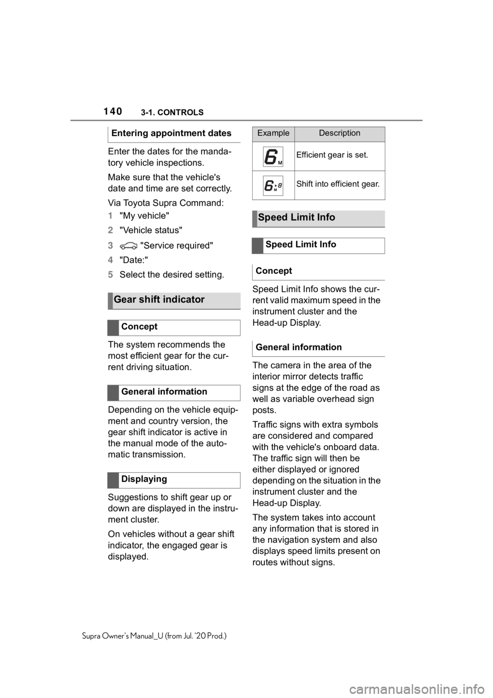 TOYOTA SUPRA 2021  Owners Manual (in English) 1403-1. CONTROLS
Supra Owners Manual_U (from Jul. 20 Prod.)
Enter the dates for the manda-
tory vehicle inspections.
Make sure that the vehicle's 
date and time are set correctly.
Via Toyota Sup