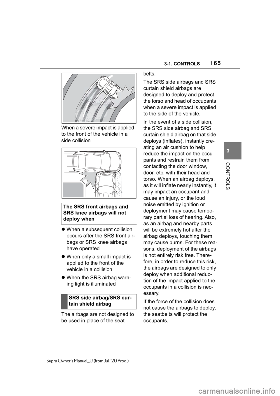 TOYOTA SUPRA 2021  Owners Manual (in English) 1653-1. CONTROLS
3
CONTROLS
Supra Owners Manual_U (from Jul. 20 Prod.)
When a severe impact is applied 
to the front of the vehicle in a 
side collision
When a subsequent collision 
occurs after 
