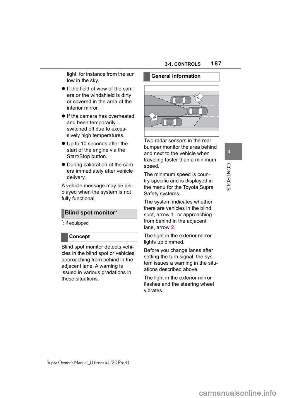 TOYOTA SUPRA 2021  Owners Manual (in English) 1873-1. CONTROLS
3
CONTROLS
Supra Owners Manual_U (from Jul. 20 Prod.)
light, for instance from the sun 
low in the sky.
 If the field of view of the cam-
era or the windshield is dirty 
or cover