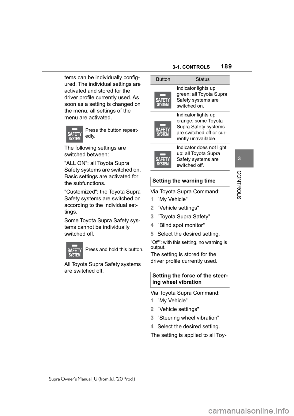 TOYOTA SUPRA 2021  Owners Manual (in English) 1893-1. CONTROLS
3
CONTROLS
Supra Owners Manual_U (from Jul. 20 Prod.)
tems can be individually config-
ured. The individual settings are 
activated and stored for the 
driver profile currently used