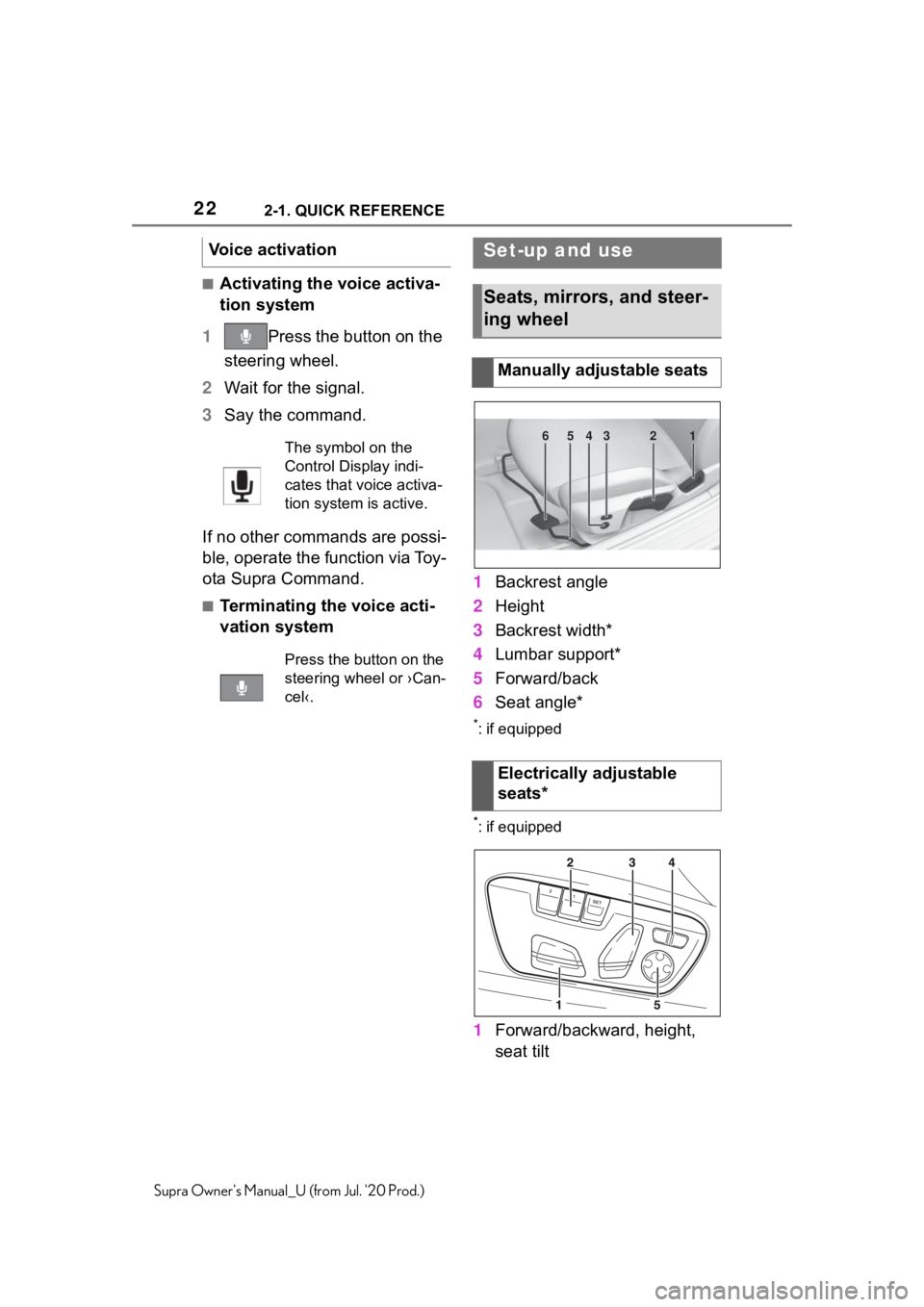 TOYOTA SUPRA 2021   (in English) Owners Manual 222-1. QUICK REFERENCE
Supra Owners Manual_U (from Jul. 20 Prod.)
■Activating the voice activa-
tion system
1 Press the button on the 
steering wheel.
2 Wait for the signal.
3 Say the command.
If 