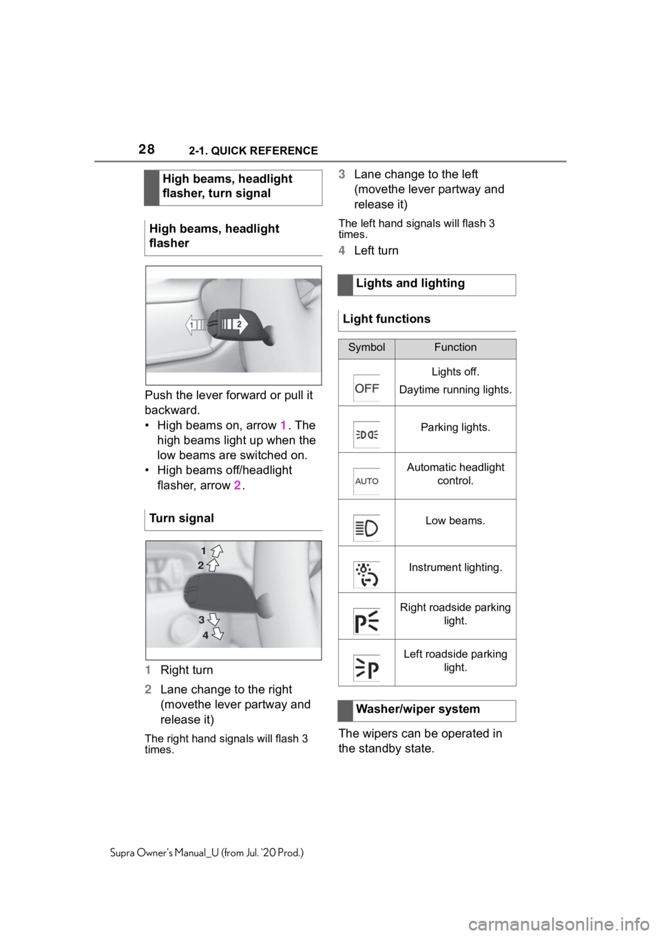 TOYOTA SUPRA 2021   (in English) Owners Manual 282-1. QUICK REFERENCE
Supra Owners Manual_U (from Jul. 20 Prod.)
Push the lever forward or pull it 
backward.
• High beams on, arrow 1. The 
high beams light up when the 
low beams are switched o