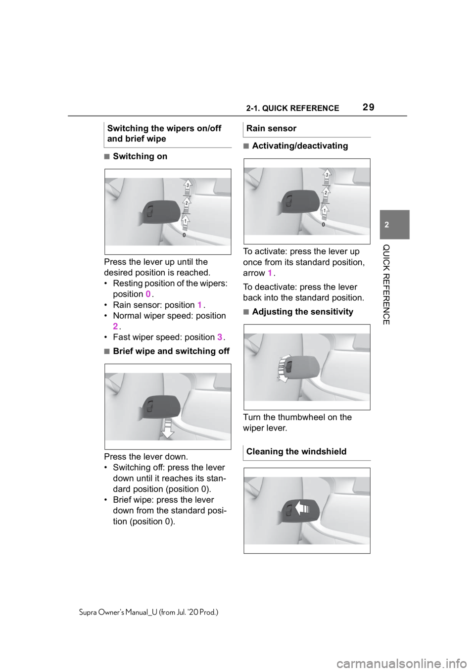 TOYOTA SUPRA 2021   (in English) Owners Manual 292-1. QUICK REFERENCE
2
QUICK REFERENCE
Supra Owners Manual_U (from Jul. 20 Prod.)
■Switching on
Press the lever up until the 
desired position is reached.
• Resting position of the wipers:  po