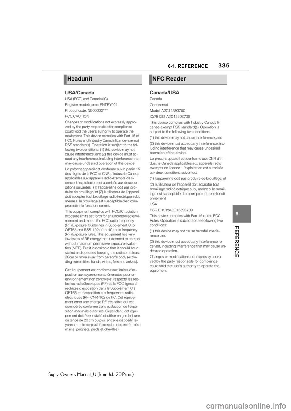 TOYOTA SUPRA 2021 Owners Manual (in English) 3356-1. REFERENCE
6
REFERENCE
Supra Owners Manual_U (from Jul. 20 Prod.)
HeadunitNFC Reader TOYOTA SUPRA 2021 Owners Manual (in English) 3356-1. REFERENCE
6
REFERENCE
Supra Owners Manual_U (from Jul. 20 Prod.)
HeadunitNFC Reader