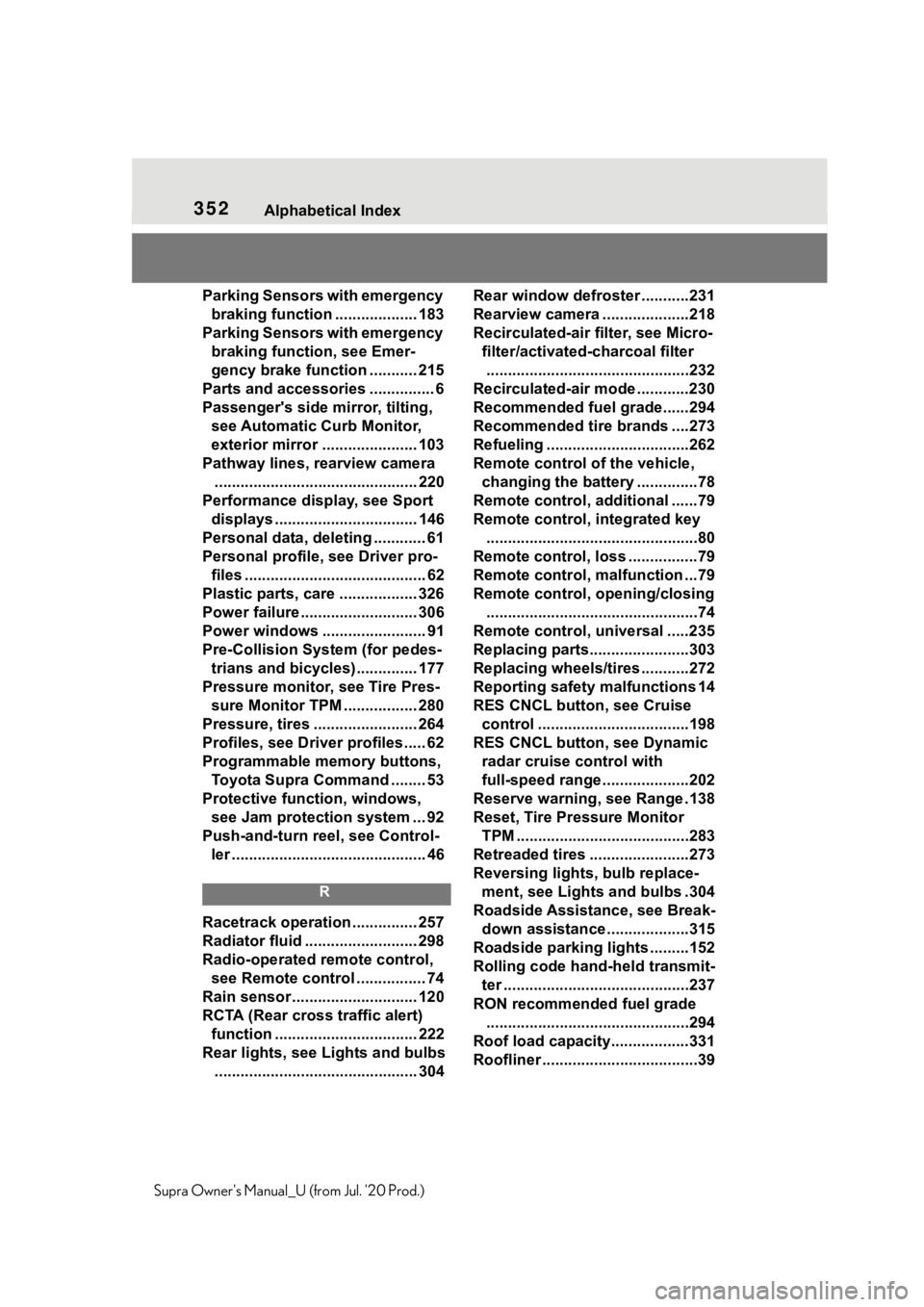 TOYOTA SUPRA 2021  Owners Manual (in English) 352Alphabetical Index
Supra Owners Manual_U (from Jul. 20 Prod.)Parking Sensors with emergency 
braking function ................... 183
Parking Sensors with emergency  braking function, see Emer-
g